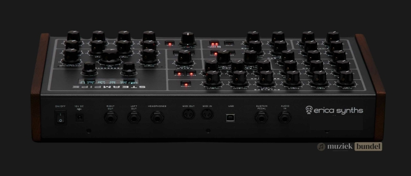 Technische details van de Erica Synths Steampipe – fysiek modellerende synthesizer met uitgebreide MIDI-opties, modulatie en expressieve klankvorming.