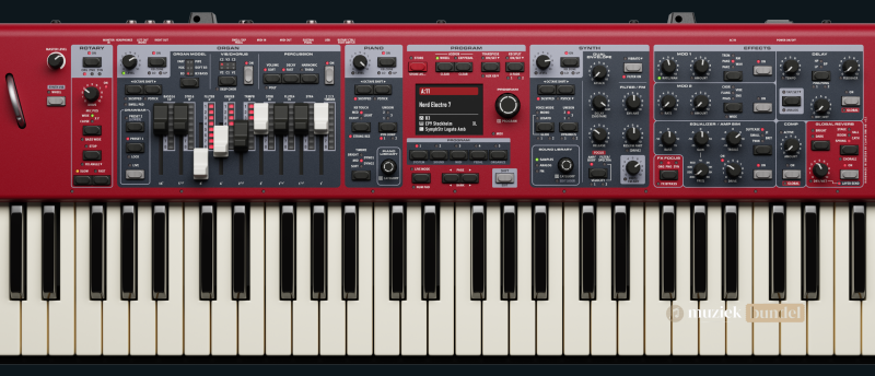 Gebruiksvriendelijkheid en bediening | Muziekbundel.nl Bediening van de Nord Electro 7 met kleurendisplay, fysieke drawbars en snelle live workflow voor toetsenisten