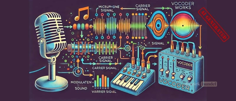 Een diagram dat de werking van een vocoder uitlegt, waarin een stemgeluid wordt geanalyseerd en gecombineerd met een synthesizersignaal om een robotachtige, elektronische klank te creëren.