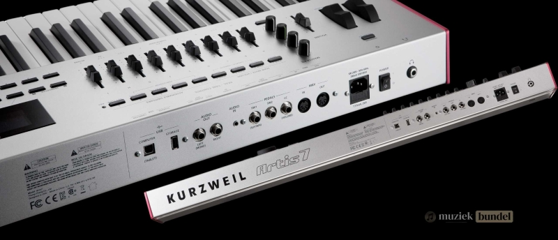 Overzicht van de specificaties van de Kurzweil Artis 7 stage piano, met 76 semi-gewogen toetsen, realistische vleugelklanken en krachtige effecten.