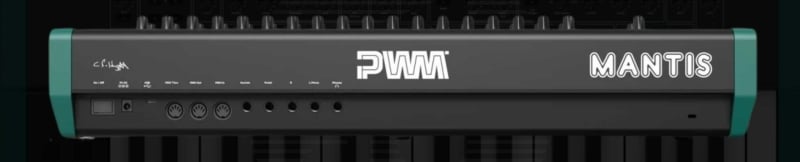 Detailweergave van de moderne connectiviteitsopties van de PWM Mantis synthesizer, waaronder USB-MIDI en line-out.