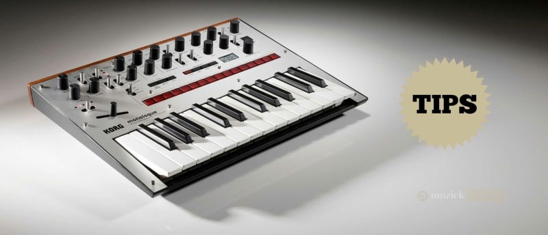 Korg Monologue synthesizer in gebruik met focus op bediening en instellingen.