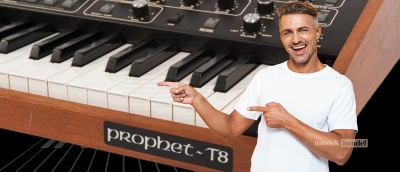 Reviews Sequential Prophet T8 | Muziekbundel.nl Toetsenbord van de Sequential Preophet T8 met een enthousiaste muzikant op de voorgrond