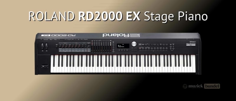 Roland RD-2000EX, een professionele stage piano met dubbele klankengines, premium gewogen toetsen en geavanceerde functies, ideaal voor optredens en studio.