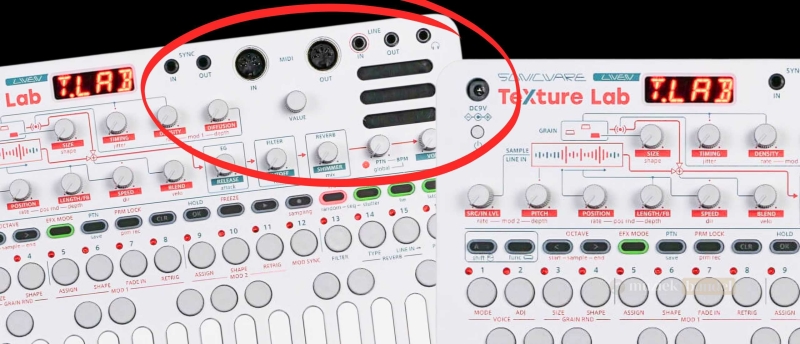 Bekijk de aansluitmogelijkheden en synchronisatie-opties van de Sonicware LIVEN Texture Lab voor integratie met MIDI, SYNC en externe audio.