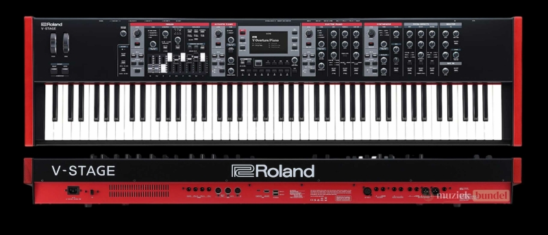 Een overzicht van de specificaties van de Roland V-Stage, inclusief toetsen, geluidsengines, connectiviteit en effecten voor live optredens en studio-opnames.