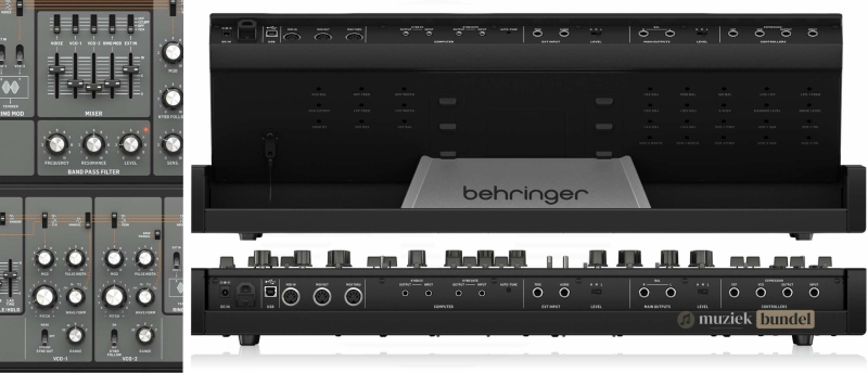 Overzicht van de specificaties van de Behringer MS-5, inclusief toetsenbord, oscillatoren, filters, modulatieopties en connectiviteit.