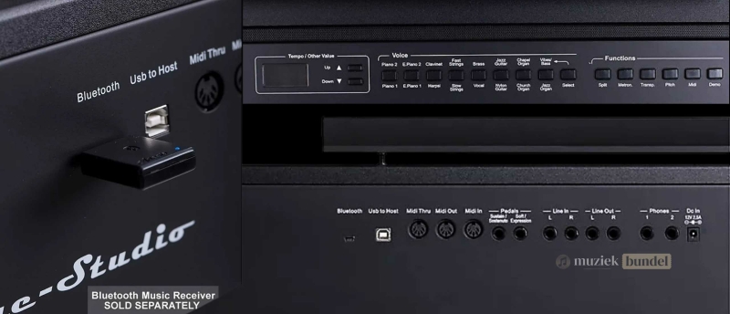 Bekijk de specificaties van de Orla Stage Studio, een digitale piano met 88 gewogen toetsen, 64-noten polyfonie, Bluetooth-optie en diverse klanken.