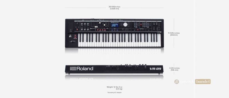 Bekijk de gedetailleerde specificaties van de Roland V-Combo VR-09-B, inclusief klanken, effecten, aansluitingen en afmetingen.