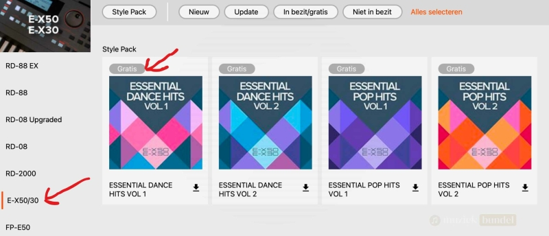 Een overzicht van Style Packs downloaden voor Roland-instrumenten via Roland Cloud.