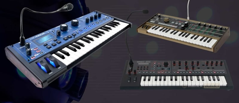 Een overzicht van populaire synthesizers met ingebouwde vocoder, zoals de Korg microKORG en Roland JD-Xi, voor het creëren van unieke stem- en geluidseffecten.