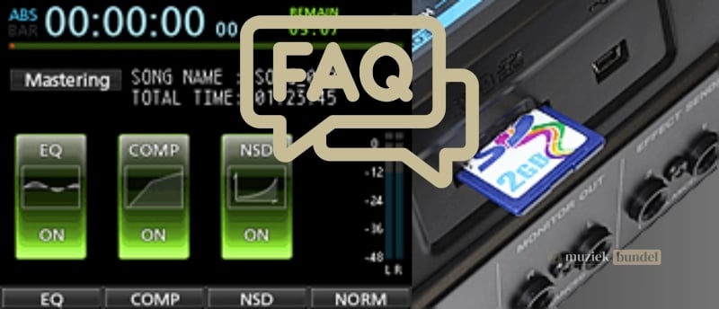 Een overzicht van veelgestelde vragen over de Tascam DP-32SD, met antwoorden over functies, compatibiliteit en gebruikstips.