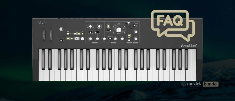 Antwoorden op veelgestelde vragen over de Waldorf STVC string synthesizer en vocoder, inclusief functies, connectiviteit en accessoires.