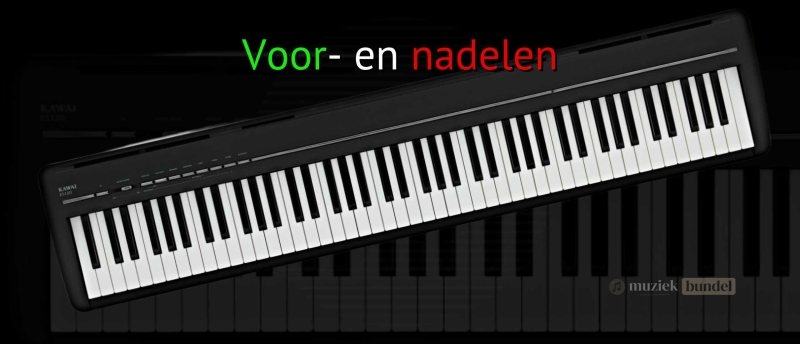 Lijst met de voor- en nadelen van de Kawai ES120 digitale piano, inclusief speelgevoel, klankkwaliteit, en aansluitingen.