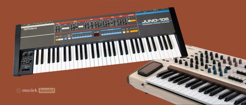 Close-up van een analoge synthesizers met knoppen en sliders.