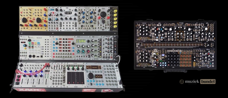 Modulair synthesizersysteem met patchkabels, oscillatoren en knoppen voor eindeloze geluidscreatie.