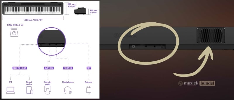 Volledig overzicht van de Yamaha P-143 specificaties, inclusief afmetingen, klanken en functies