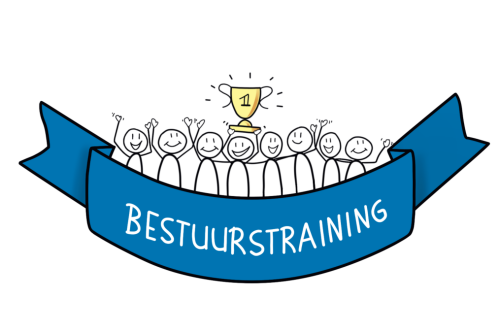 Een vrolijke tekening van tien stokfiguren die juichend achter een banner staan, met de tekst Bestuurstraining. De middelste figuur houdt een gouden trofee omhoog.