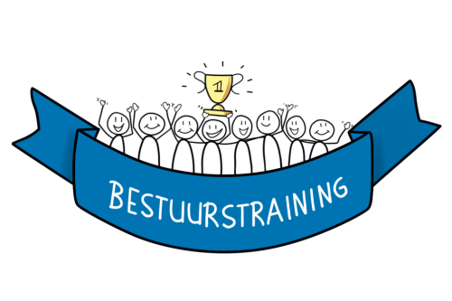 Een vrolijke tekening van tien stokfiguren die juichend achter een banner staan, met de tekst Bestuurstraining. De middelste figuur houdt een gouden trofee omhoog.