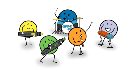 Vijf getekende figuren spelen als band op stiften tijdens de Graphic Jam.