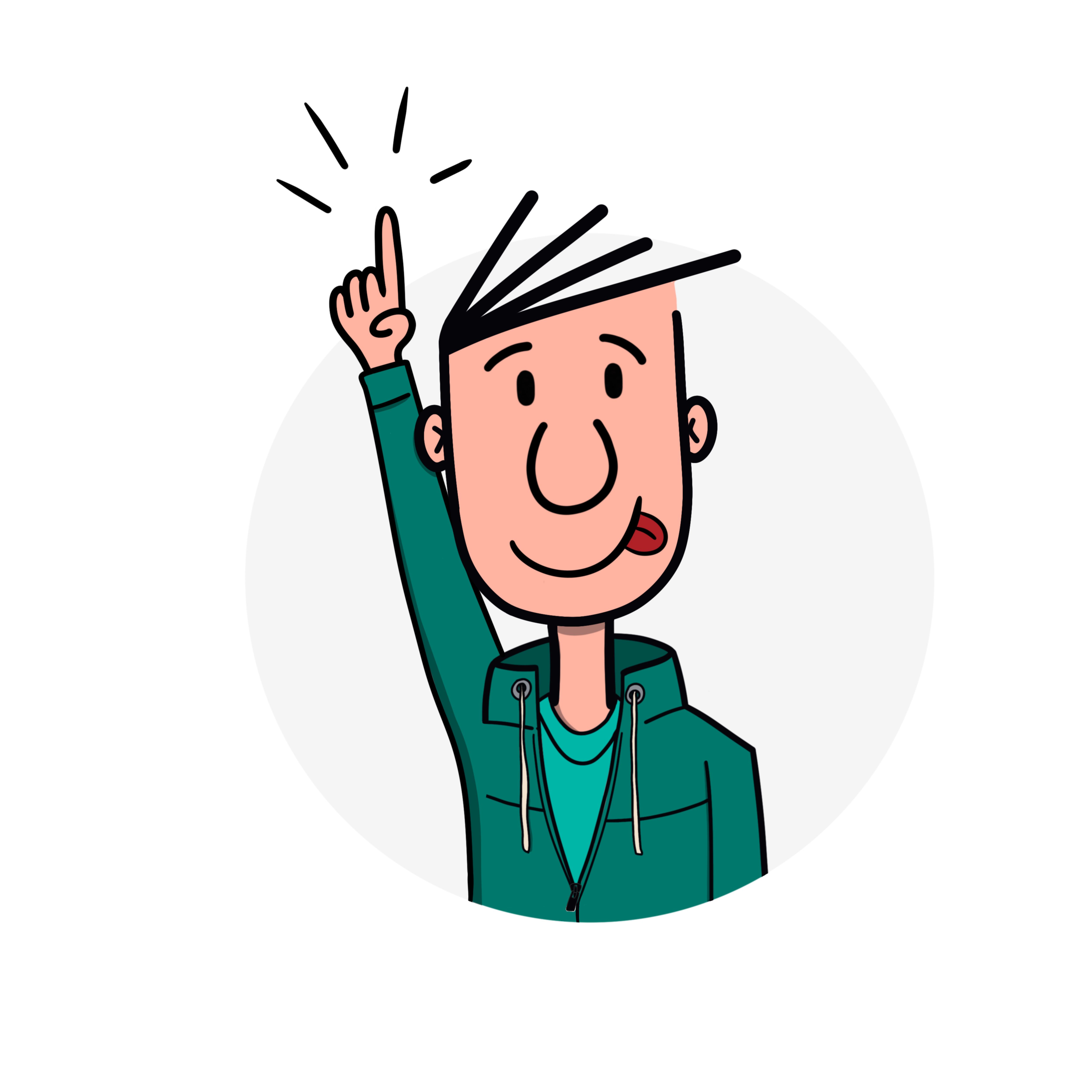 Leren door te doen, met feedback Een getekende man met opgestoken wijsvinger, alsof hij een vraag heeft.