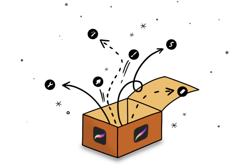 Kartonnen doos met Procreate logo op de zijkanten en icons die eruit schieten.