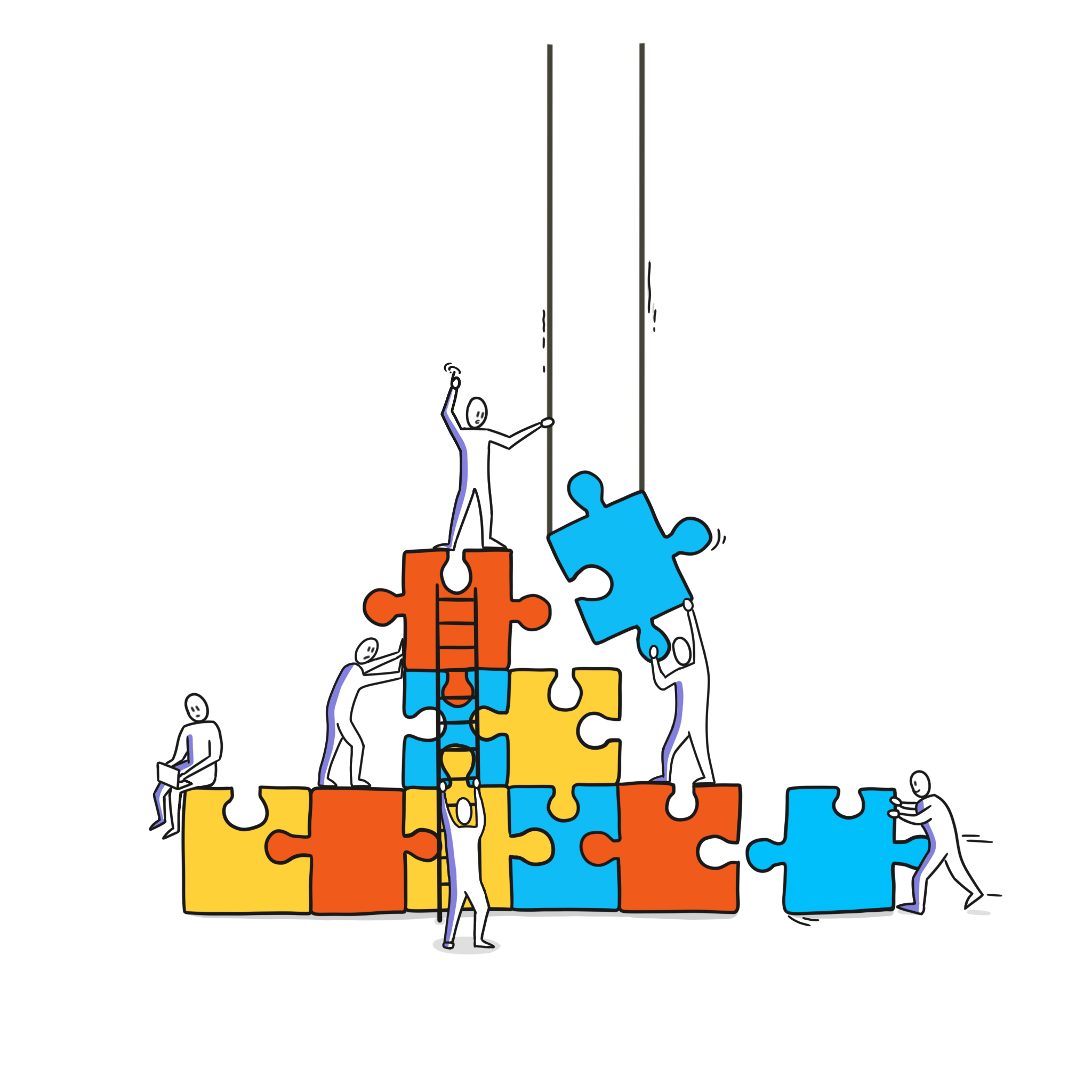 Getekende figuren bouwen samen een muur van puzzelstukjes en takelen het ontbrekende stuk op zijn plek.