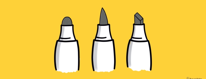 Tekening van drie stiftpunten naast elkaar: een ronde punt, een penseelpunt en een beitelpunt.