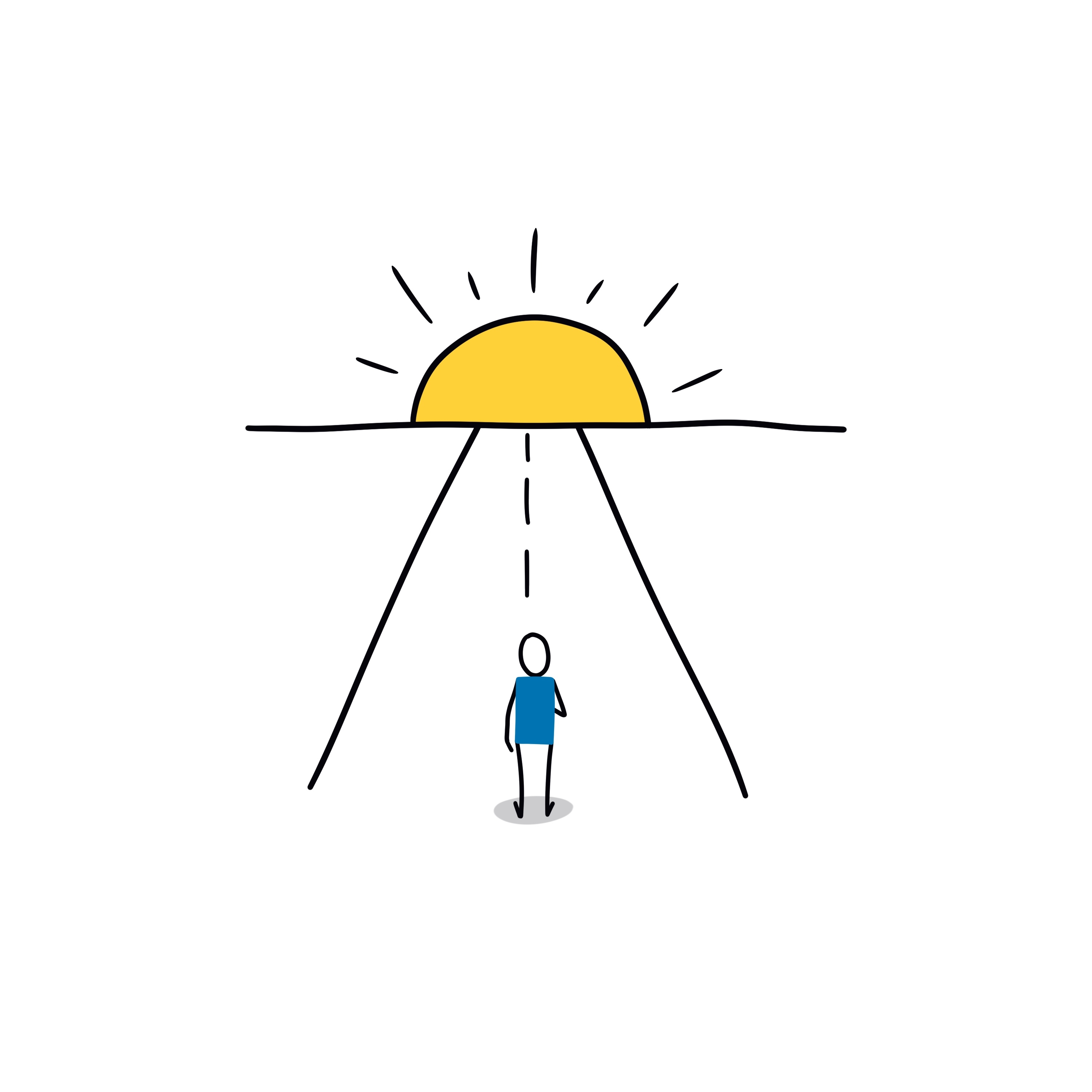Een klein figuur kijkt naar een opkomende zon, met een gestippelde route ernaartoe.