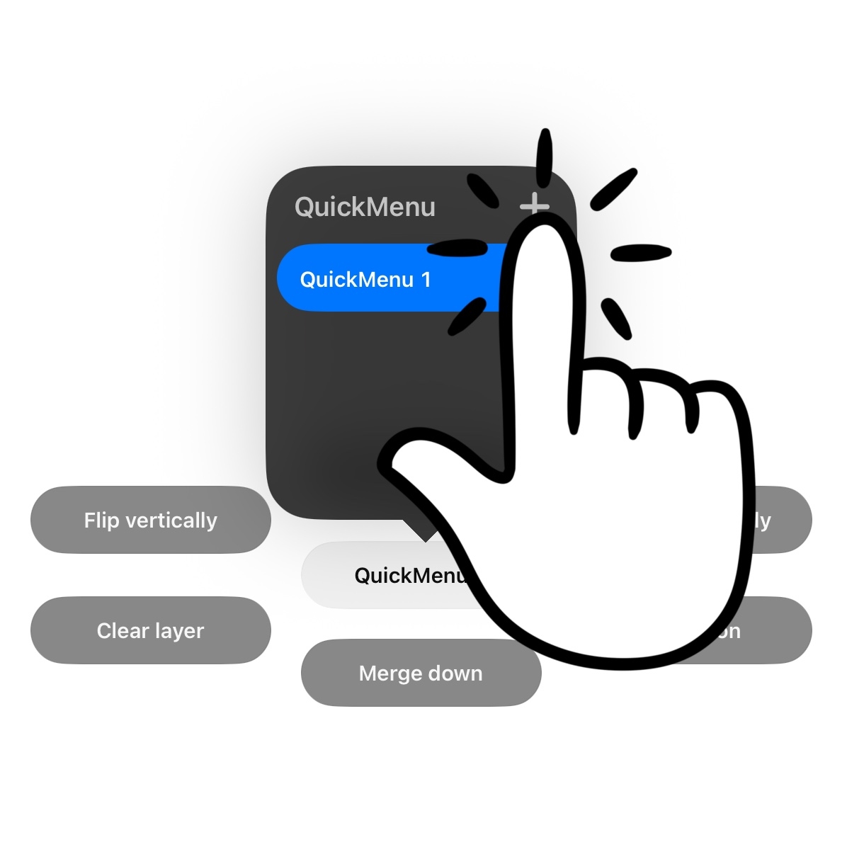 Stijl en presentatie Een hand tikt op het QuickMenu van Procreate, met opties als Flip vertical en Merge down.