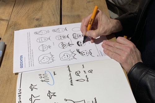 Twee handen tekenen gezichten na op een oefenblad van Zakelijk Tekenen, met een visueel werkboek ernaast.