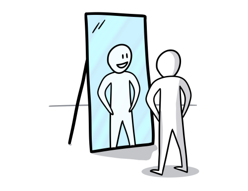 Tekening van een persoon die in een spiegel kijkt en een zelfverzekerde versie van zichzelf ziet, symbool voor zelfinzicht bij persoonlijke coaching voor professionals.