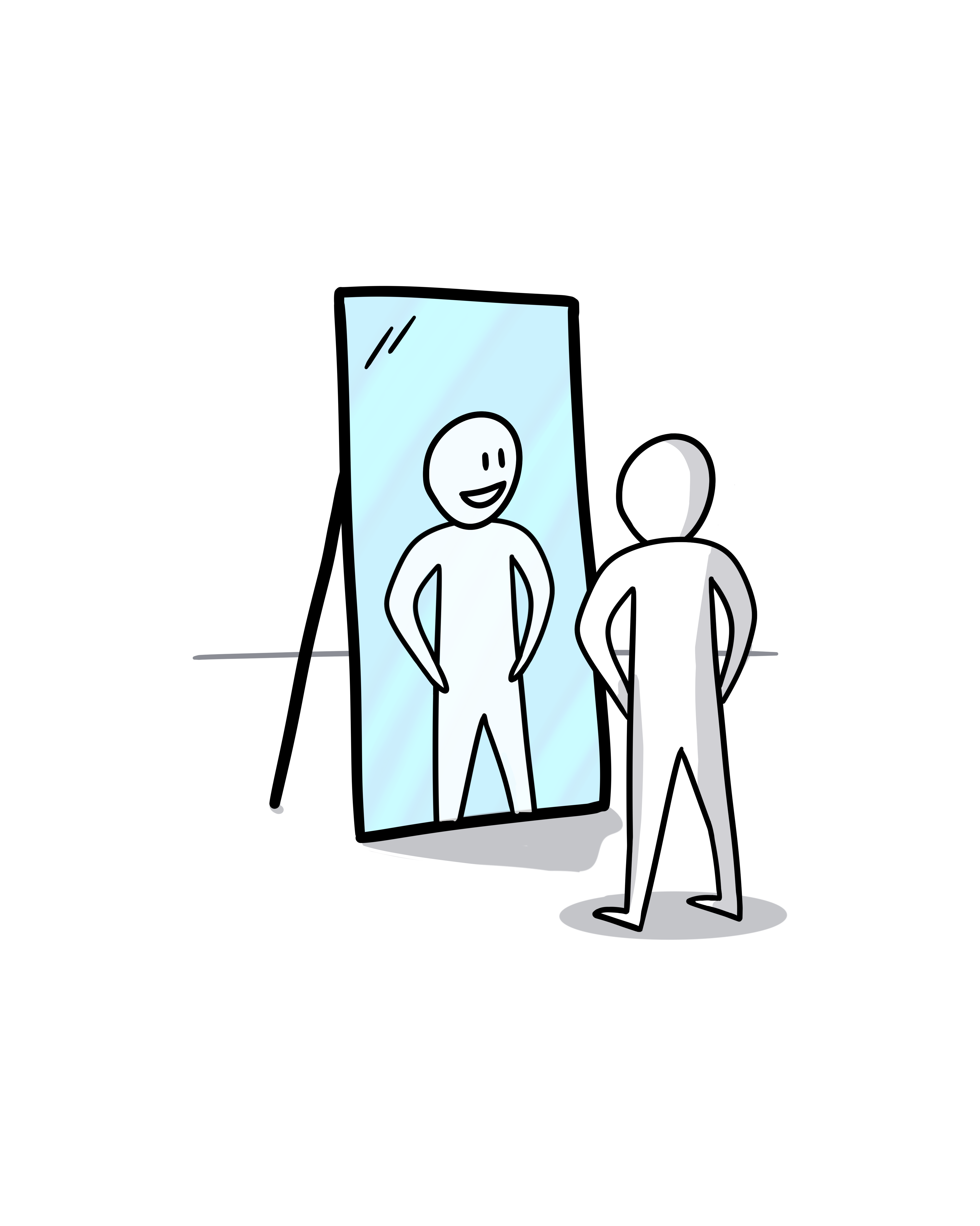 Tekening van iemand die in de spiegel een zelfverzekerde versie van zichzelf ziet, tijdens coaching voor professionals.