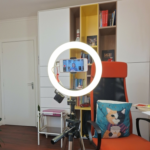 video-opnames voor de online audiodescriptie-workshop Een statief met ringlamp waarin met een camera in mijn thuiskantoor. Wat verder in de kamer staat een oranje bureaustoel met een poezenkussen en een hoge, witte boekenkast met gele en houtkleurige accenten.