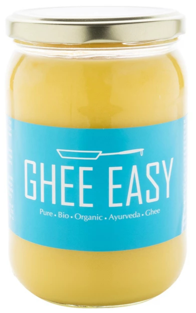 Glazen pot met Ghee, blauw etiket
