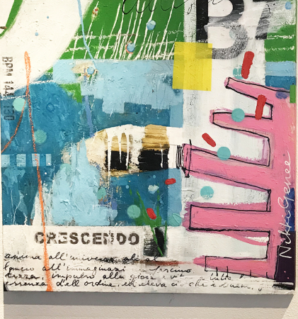 abstract schilderij van Nikki Genee met krachtige blauwe, rode, zwarte en witte vlakken, geïnspireerd door muziek en ritme