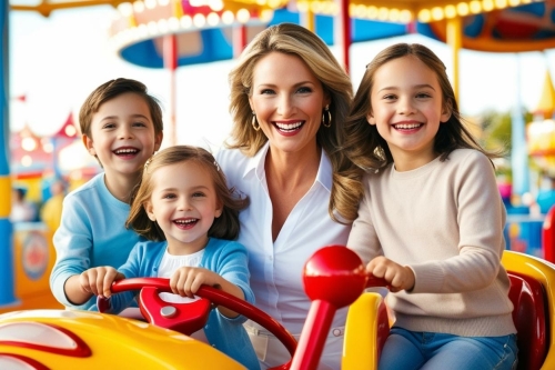 Onafhankelijke vrouw met kinderen in pretpark Onafhankelijke vrouw met kinderen in pretpark