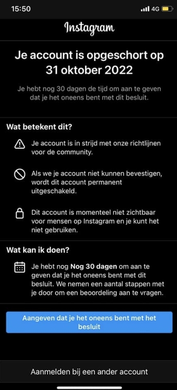 Instagram account geblokkeerd melding