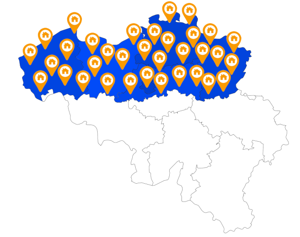 kaart met vlaanderen aangeduid in blauw en overal met locaties gemarkeerd