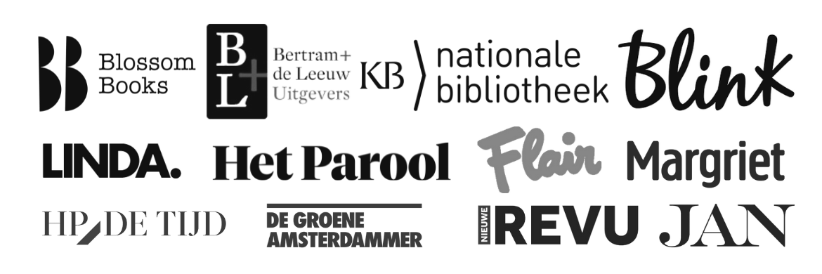 Logo's van Blossom Books, Bertram en de Leeuw uitgevers, KB nationale bibliotheek, Blink, Linda, HP/De Tijd, Het Parool, De Groene Amsterdammer, Nieuwe Revu, Flair, Margriet, JAN