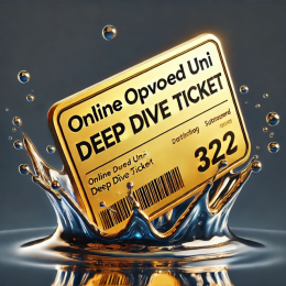 3D gouden ticket met de tekst 'Online Opvoed Uni - Deep Dive Ticket', gedeeltelijk ondergedompeld in water, met reflecties en rimpelingen in het wateroppervlak