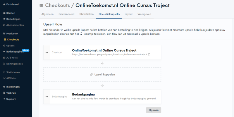 De Betaalsoftware Plug & Pay is in een uur ingesteld. Je ziet dat op deze afbeelding nog enkele Upsells toegevoegd kunnen worden. Dit maakt Plug & Pay een SUPER software!