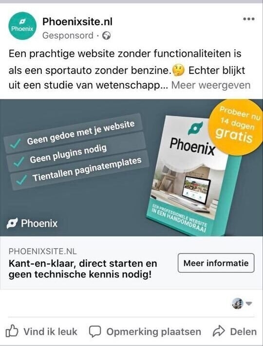 Clickfunnels heeft in Nederland een concurrent die markt begint te winnen. Dit is Phoenix van de Internet Marketing Unie. Op deze afbeelding zie je een advertentie van Phoenix.