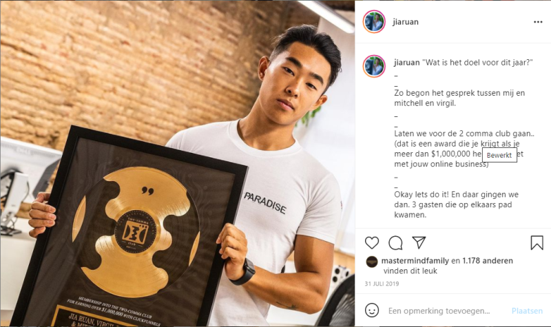 Jia Ruan werd lid van de Clickfunnels Twocomma Club door met zijn Clickfunnels Funnel MEER DAN 1 miljoen dollar om te zetten.