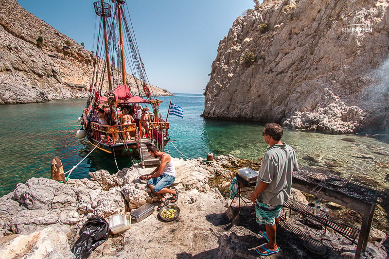 Greek BBQ on Eva Boat Tour Kos in a secret Bay of Kalymnos