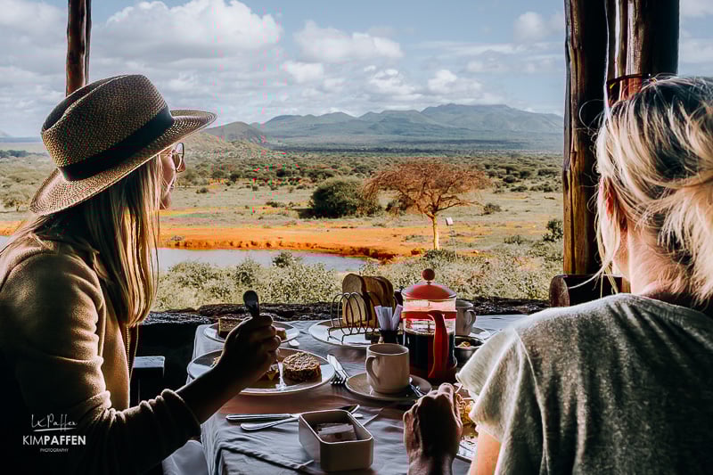 breakfast view of the famous waterhole of Kilaguni Serena Safari Lodge in Tsavo West Kenya