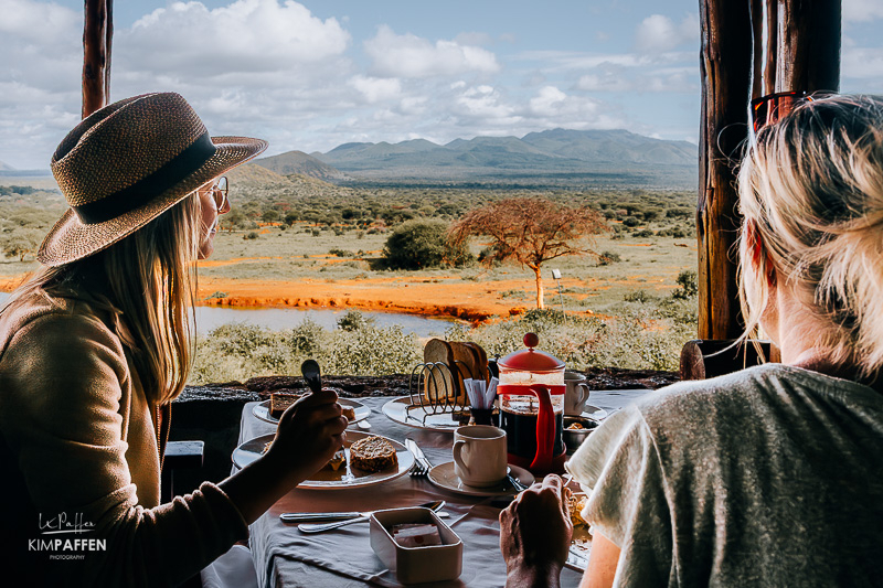breakfast view of the famous waterhole of Kilaguni Serena Safari Lodge in Tsavo West Kenya