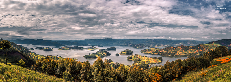 Panoramic view of Lake Bunyonyi Uganda, one of the best places to visit in Uganda with at least 29 islands