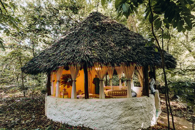 Massage treatment room in the tranquil forest for pure nature connection