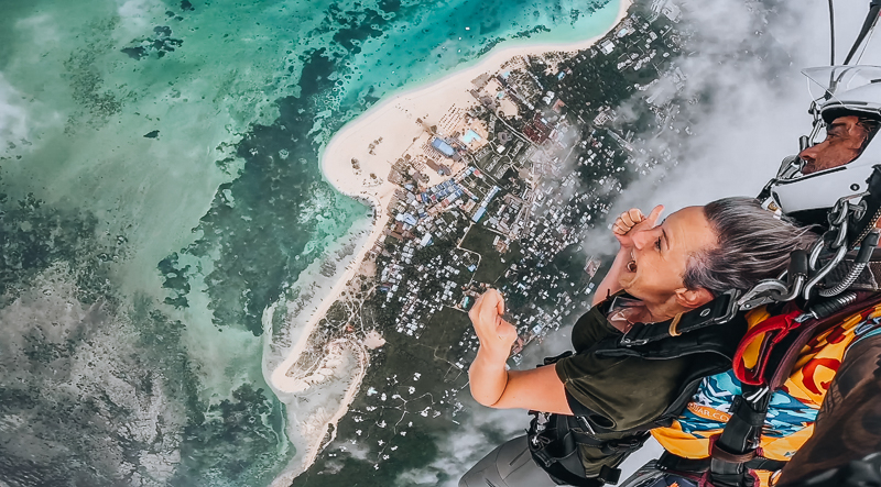 Skydive Zanzibar above turquoise blue Indian Ocean